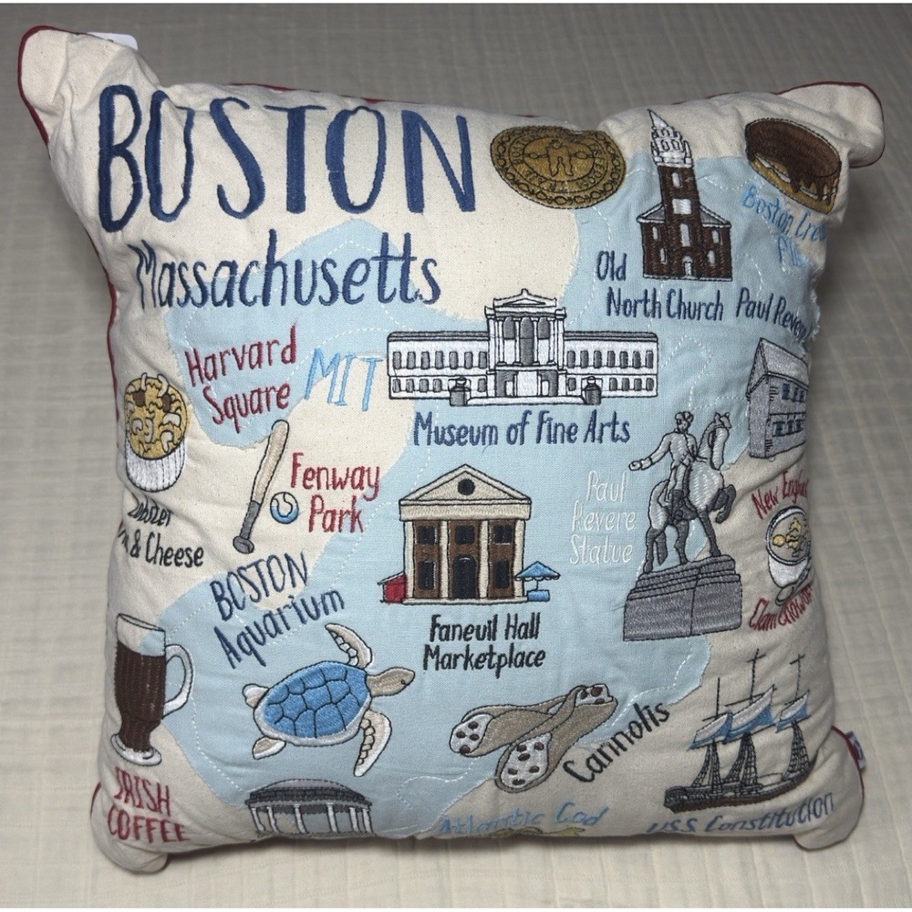 Boston Mass Embroidered Pillow Grey Whale Decorative Throw Map Icons 18" Square